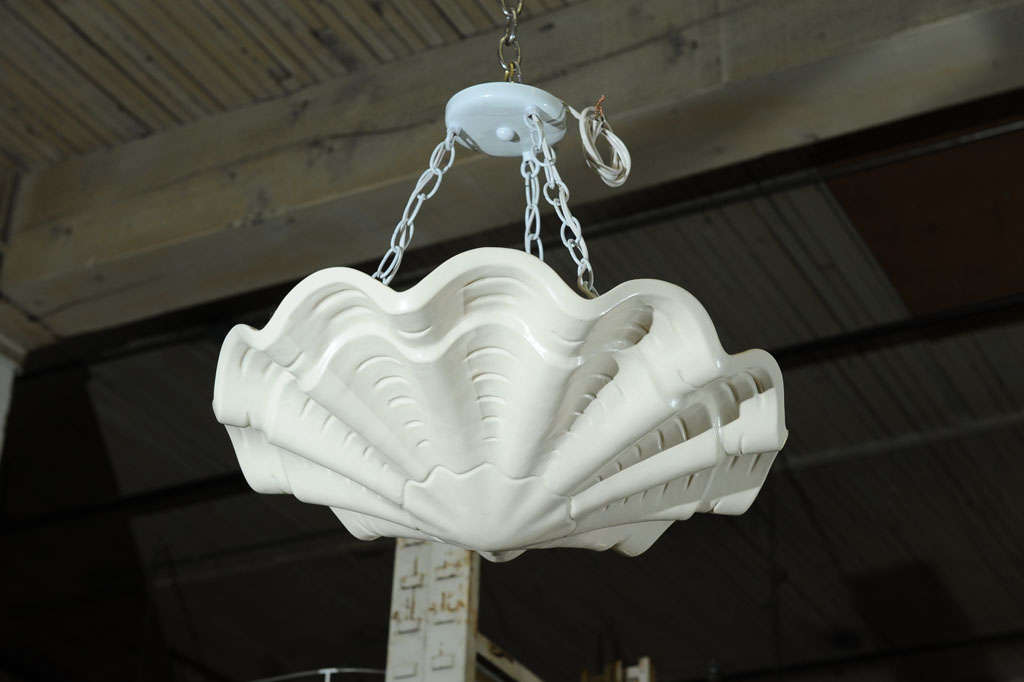 1970s cast plaster shell pendant light.  Newly rewired, new canopy and chain.  Cream gloss finish.