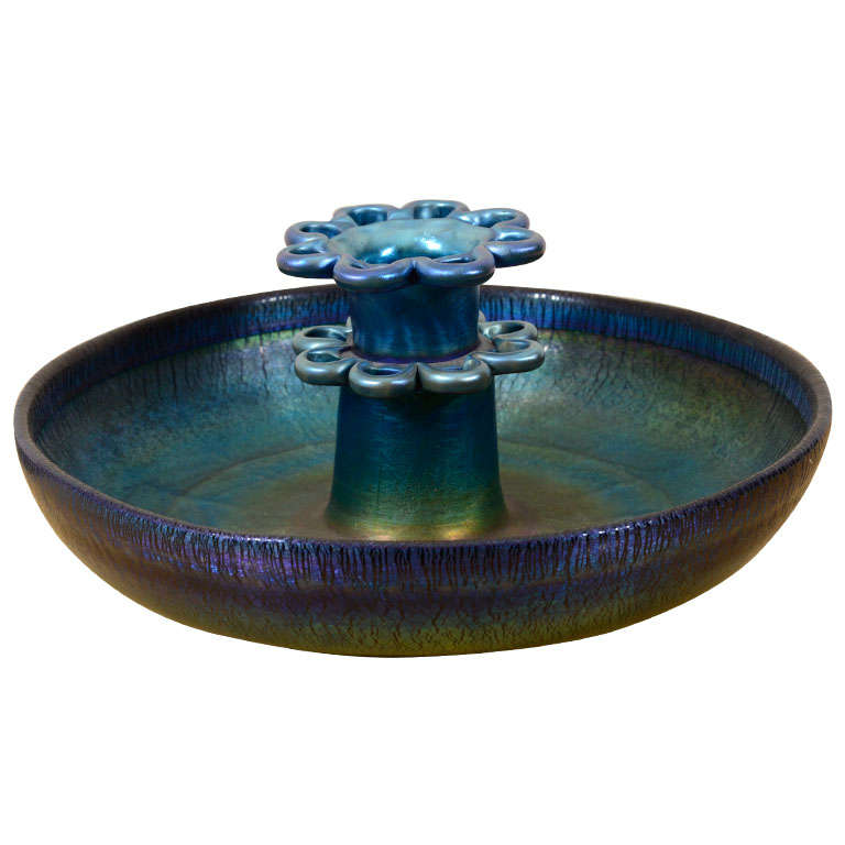 Tiffany Studios Favrile Glass Blue Flower Bowl and Frog For Sale