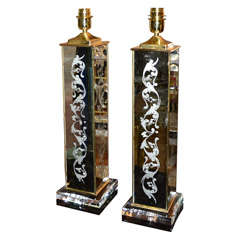 Pair of Table Lamps with Engraved Mirrors