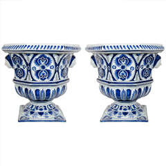 Vintage Pair of Large 19th to 20th Century Blue and White Faience Planters