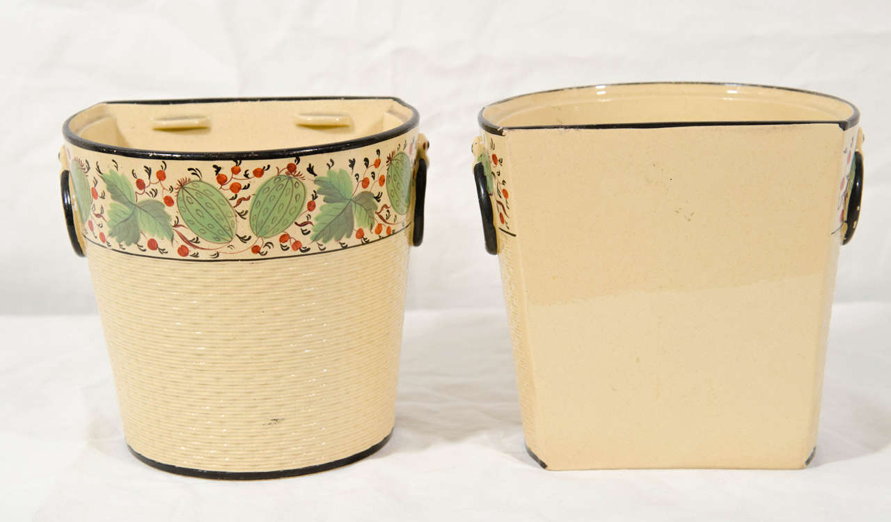 Folk Art Pair of Davenport Antique Yellowware Bough Pots