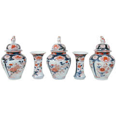 Antique Chinese Five Piece Porcelain Garniture Painted in Imari Colors