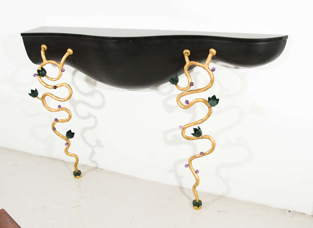 A truly special piece. In the early 1990s two European collectors ask Garouste and Bonetti to design an environment that would complement their contemporary art collection. G and B designed lights, carpets and furniture. This spectacular console is