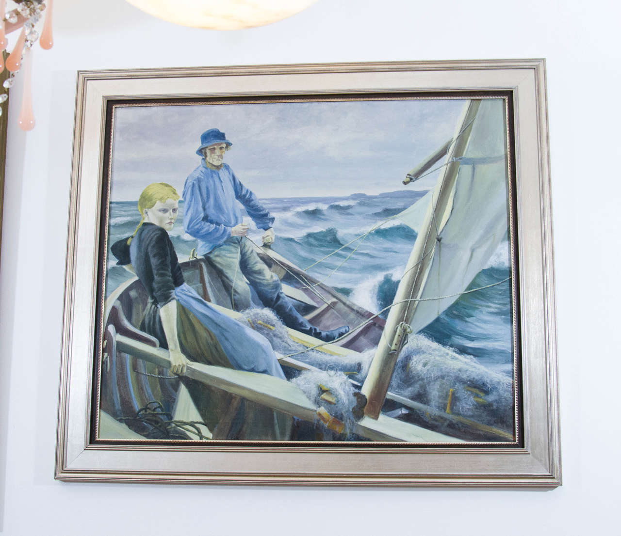 Another piece of every man's Nordic heritage: a fisherman and his wife, earning their living on the sea. Masts capture the gusts, propelling the pair forward on their journey, nets at the ready. Life as they lived it. The painting is signed, but not