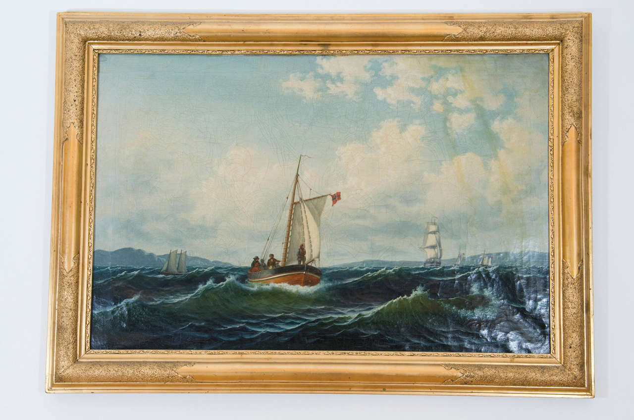 A Norwegian flagged fishing boat pitches to and fro on the very lifelike roiling North Sea between Sweden and Norway. Painted during the mid-1800s, the compelling yet tranquil scene is a distinct part of the Scandinavian heritage and soul.