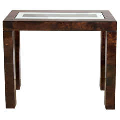 Aldo Tura Cognac Parchment Console with Inlaid Mirror or Glass, Italy