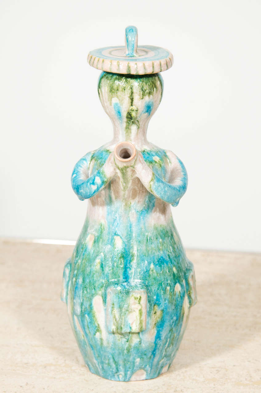 Gambone blue white green maiden form pitcher with hat lid.