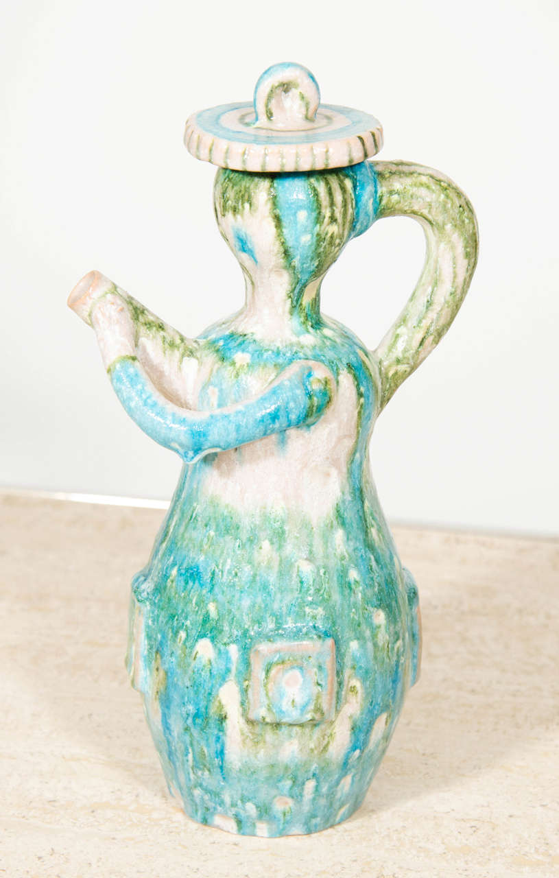 Gambone Blue, White and Green Maiden Form Pitcher with Hat Lid In Excellent Condition For Sale In New York, NY