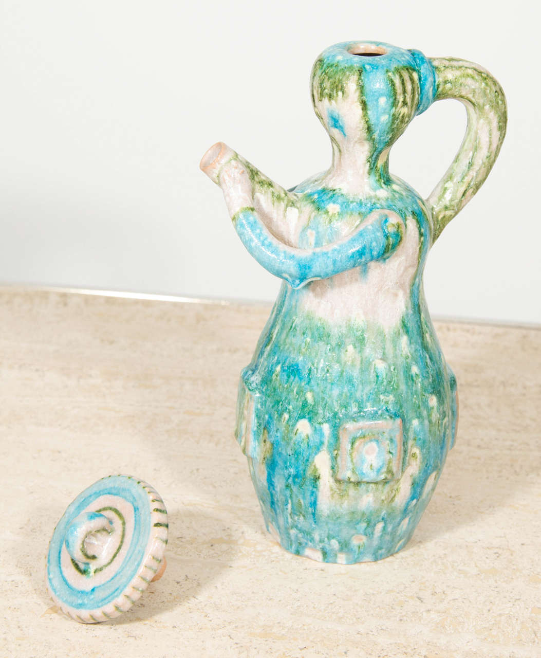 Mid-20th Century Gambone Blue, White and Green Maiden Form Pitcher with Hat Lid For Sale