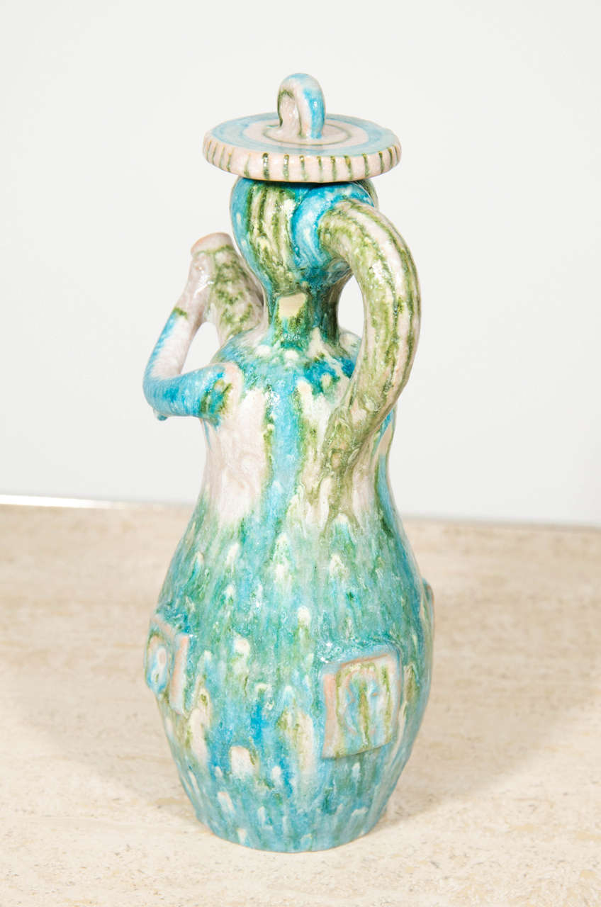 Ceramic Gambone Blue, White and Green Maiden Form Pitcher with Hat Lid For Sale