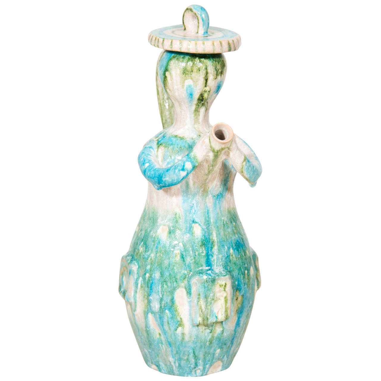 Gambone Blue, White and Green Maiden Form Pitcher with Hat Lid For Sale