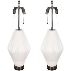 Pair of White Pleated Thurston Glazed Earthenware Lamps, 1950s