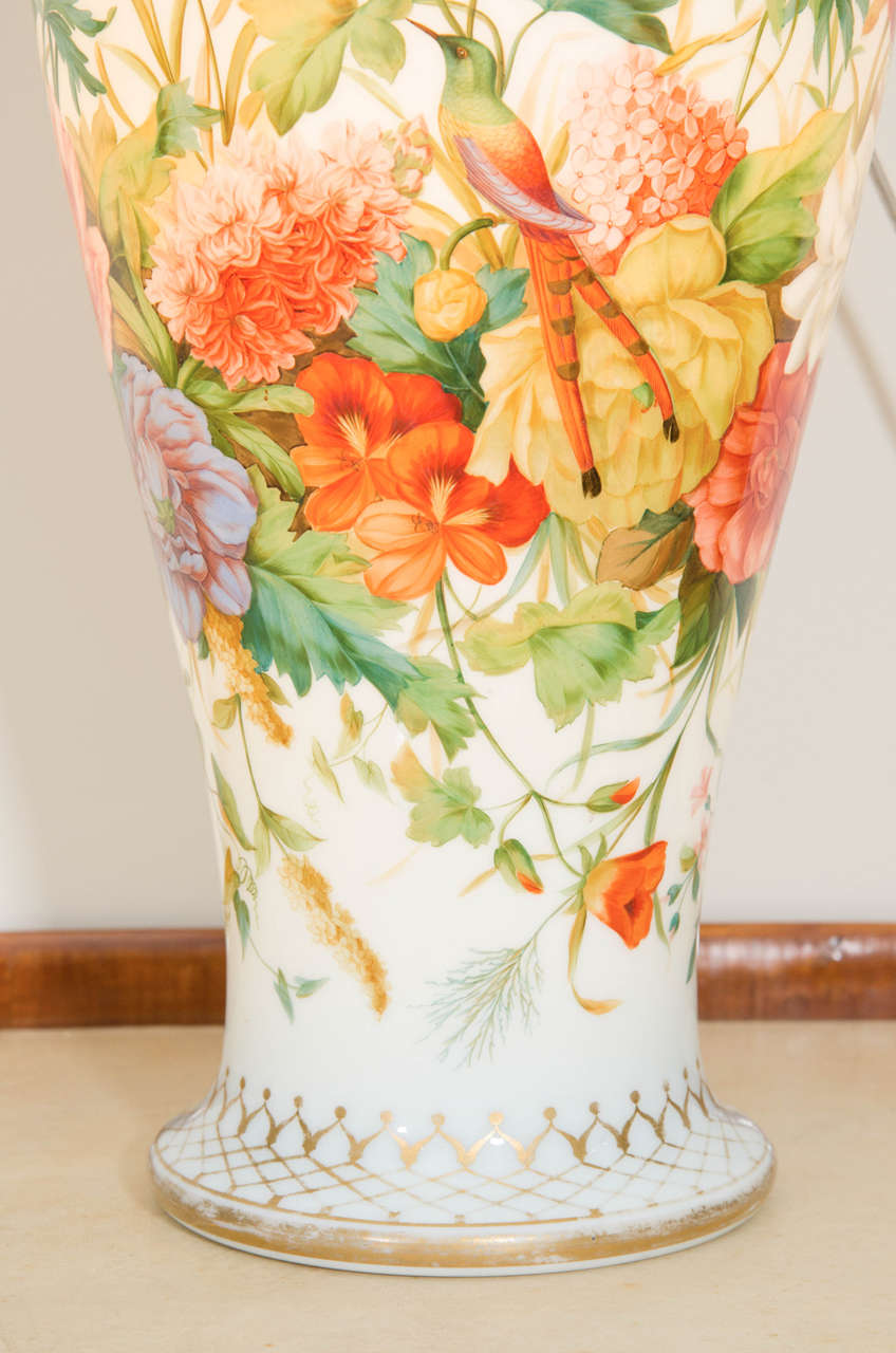 Empire Revival French Baccarat Opaline Glass Enameled Vase with Floral Pattern, circa 1845