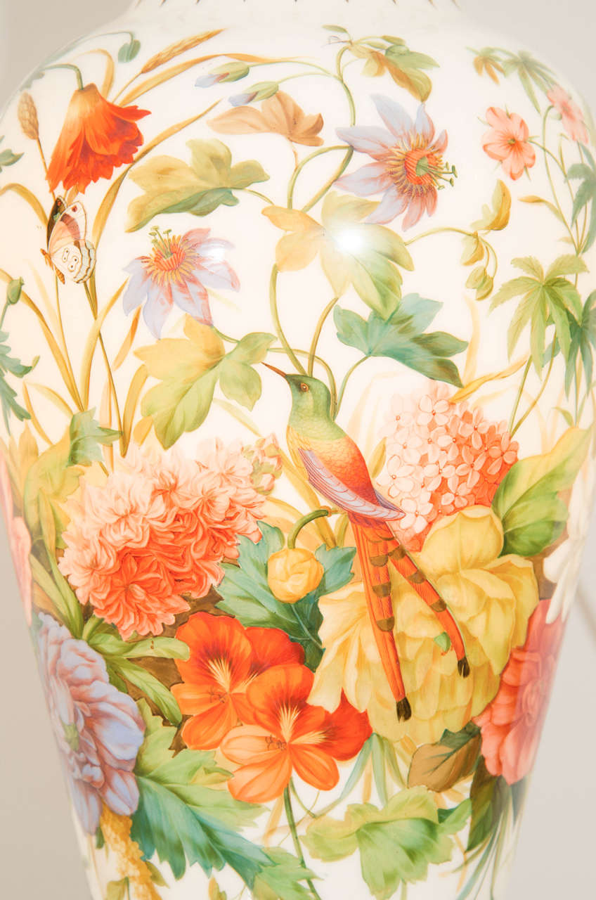 French Baccarat Opaline Glass Enameled Vase with Floral Pattern, circa 1845 In Excellent Condition In New York, NY