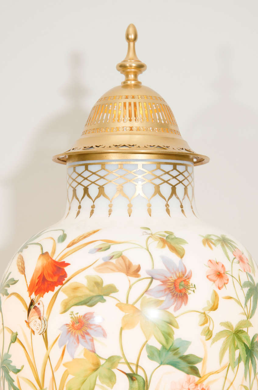 19th Century French Baccarat Opaline Glass Enameled Vase with Floral Pattern, circa 1845