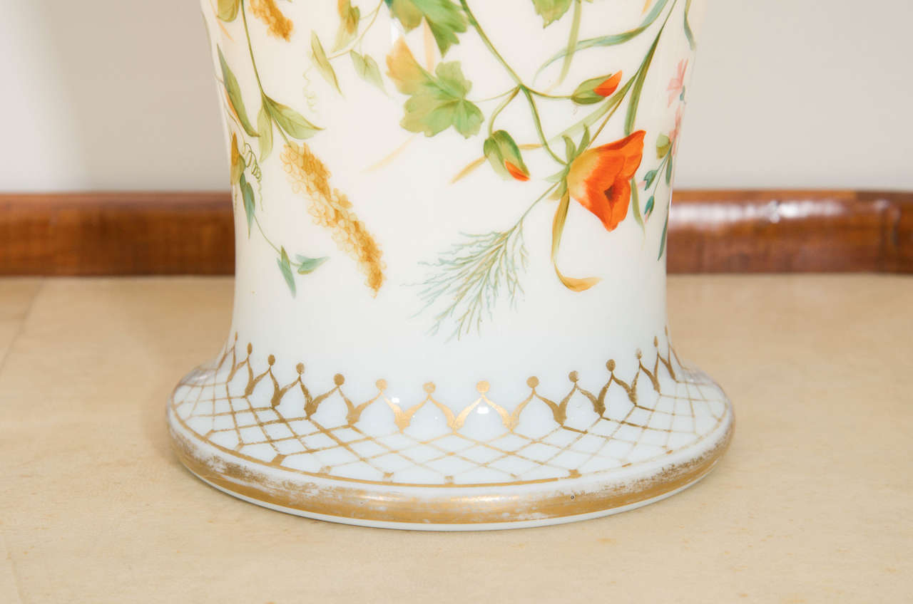 Brass French Baccarat Opaline Glass Enameled Vase with Floral Pattern, circa 1845