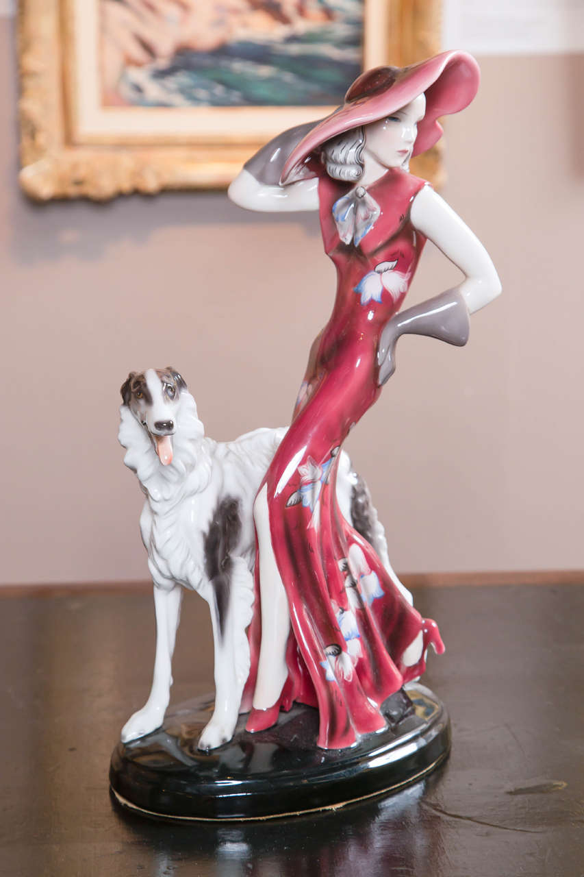 Art Deco Goldscheider Deco Woman with Russian Wolfhound