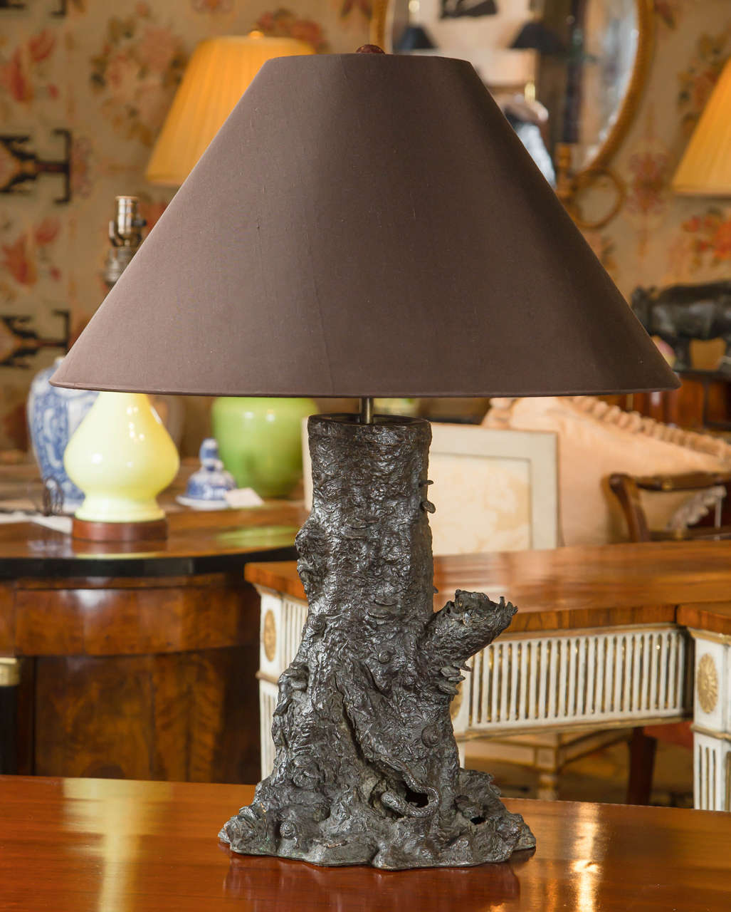 A Japanese Naturalist bronze stump form lamp. 1st quarter of the 20th Century.