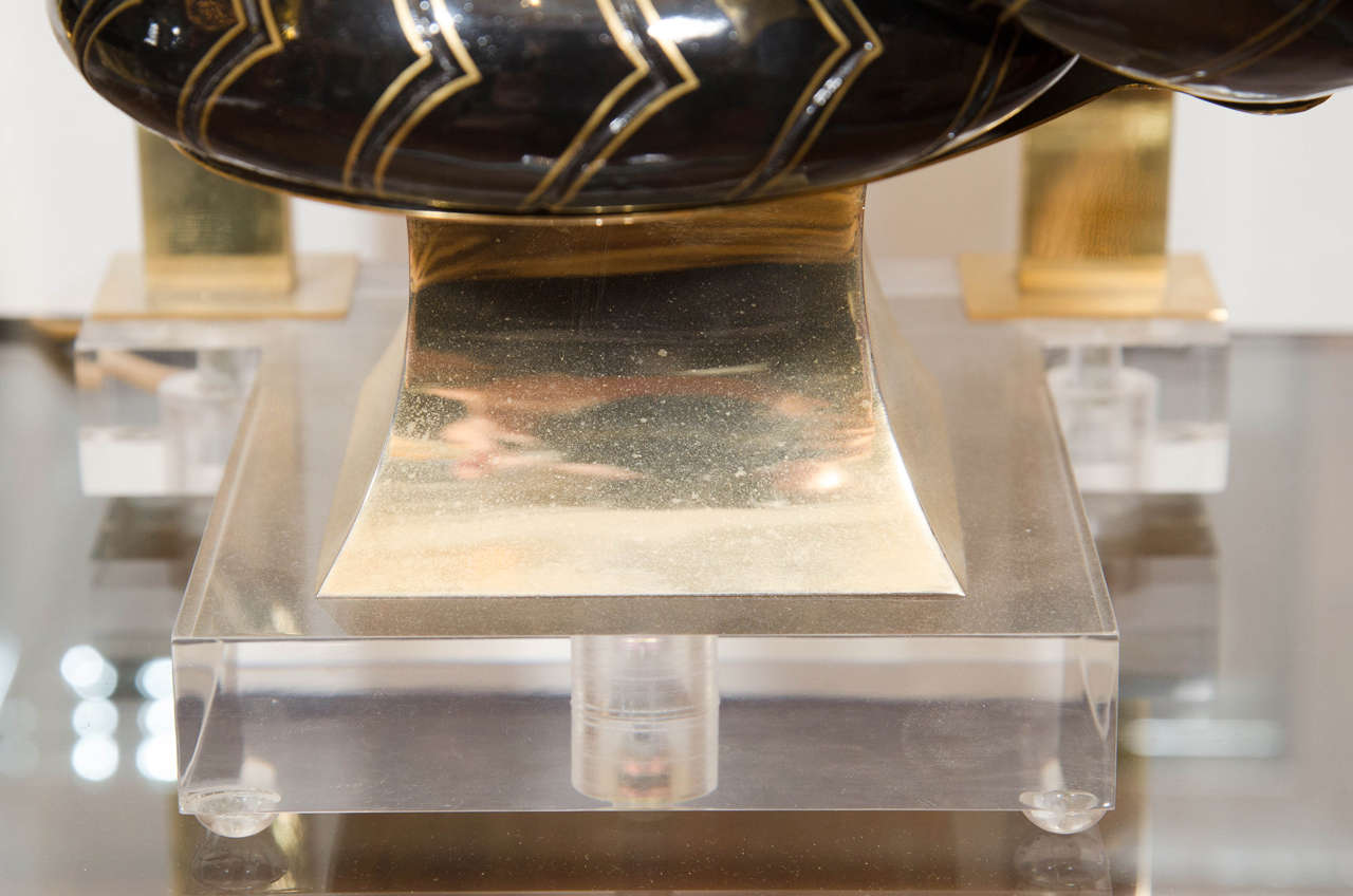 Mid-20th Century Pair of Enameled Brass Cobra Table Lamps with Brass Hardware on Lucite Bases