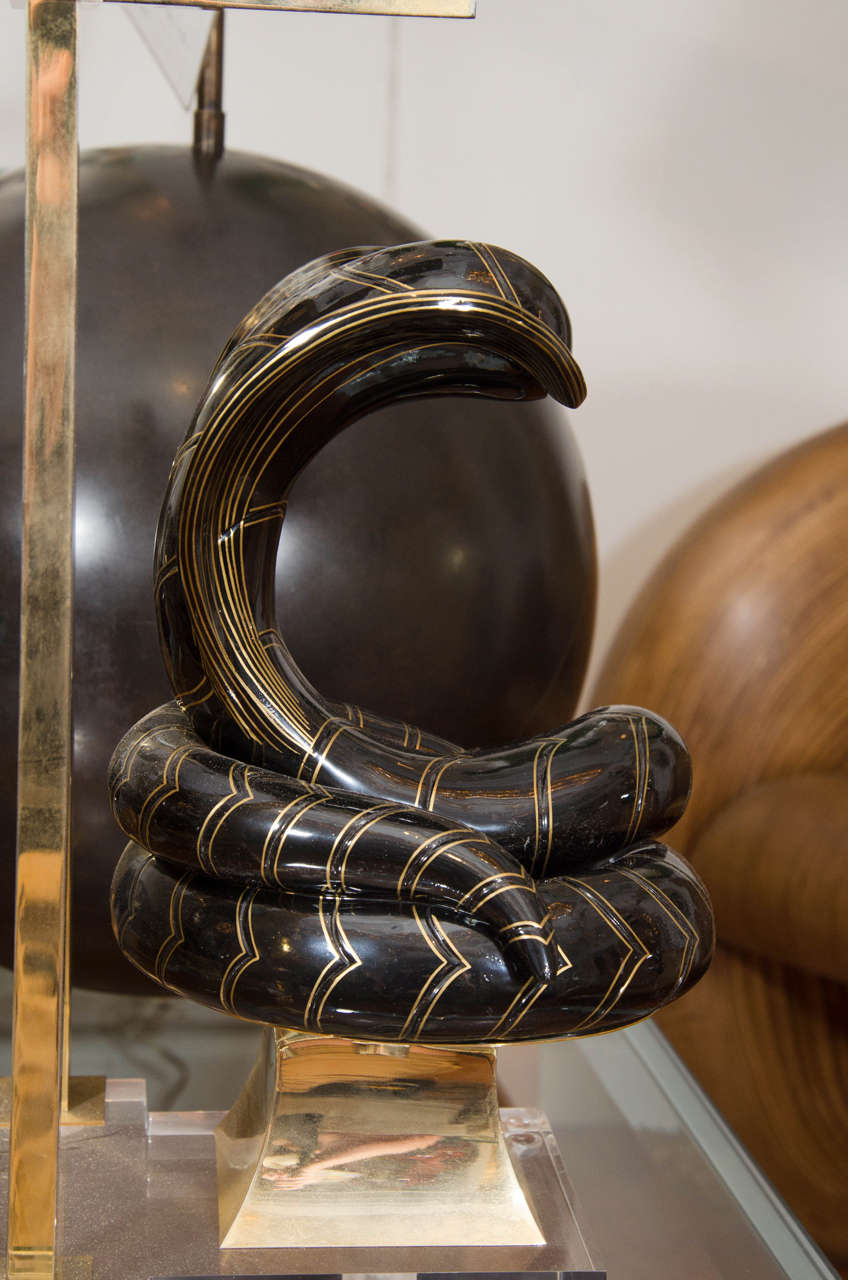 Pair of Enameled Brass Cobra Table Lamps with Brass Hardware on Lucite Bases 1