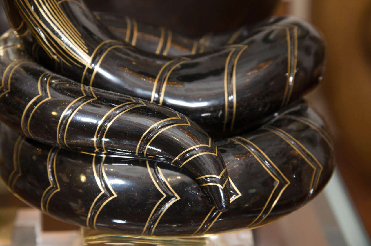 Pair of Enameled Brass Cobra Table Lamps with Brass Hardware on Lucite Bases 2