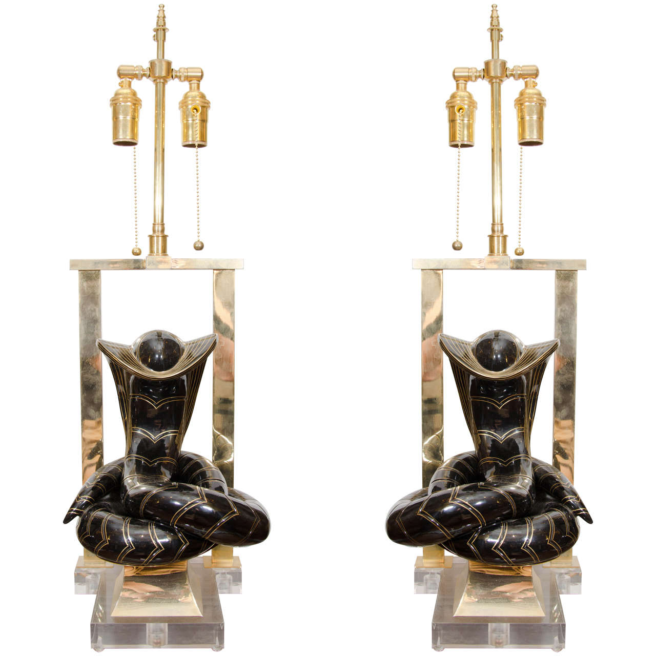 Pair of Enameled Brass Cobra Table Lamps with Brass Hardware on Lucite Bases