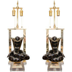 Vintage Pair of Enameled Brass Cobra Table Lamps with Brass Hardware on Lucite Bases