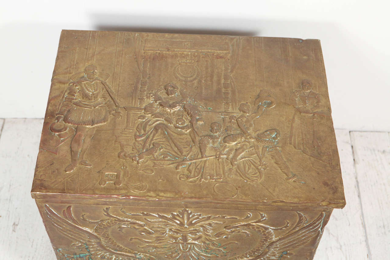 Repousse Decorated Gold Coal Box In Good Condition In Los Angeles, CA