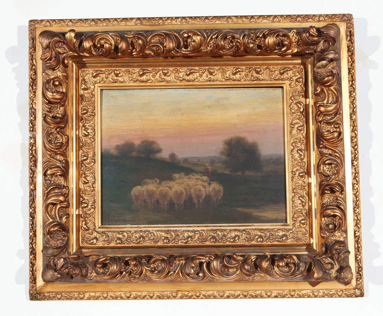 Dusk sheep herding scene in elaborate gold frame. Signed Elliot Ward.