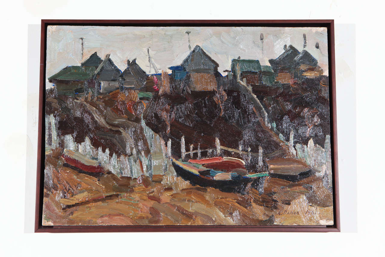 Oil Painting of Dock Scene Signed A. Mahob, 1962