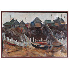 Oil Painting of Dock Scene Signed A. Mahob, 1962
