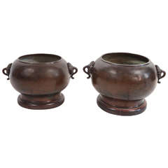 Pair of Brass Urns with Wooden Pedestal Base