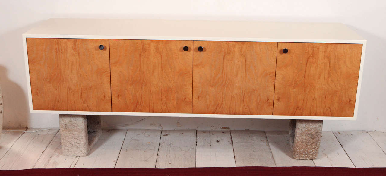 Maple burl wood and white lacquer wall mount credenza. Excellent restored condition.