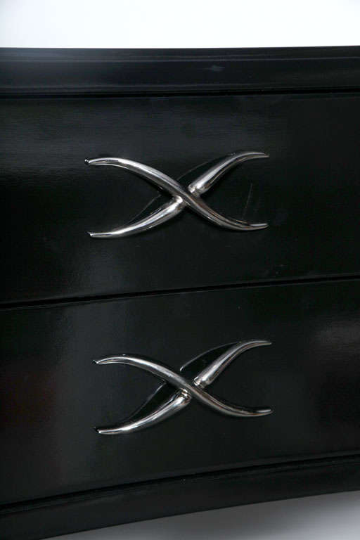 Nickel Pair of Paul Frankl Ebonised Two-Drawer Commodes Consoles