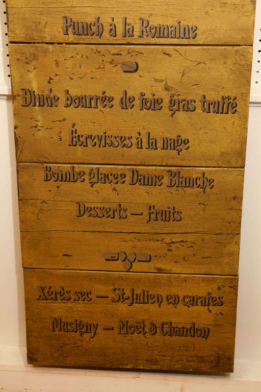 Everything mentioned on this late 19th century French menu board sounds great. From the appetizer ,salad entree and of course the dessert. It all sound yummy!. Painted on a butter color background with black lettering this piece would be fun in  a