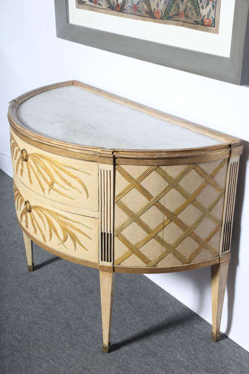 Important Pair of Painted and Gilt Demilune Commodes 3
