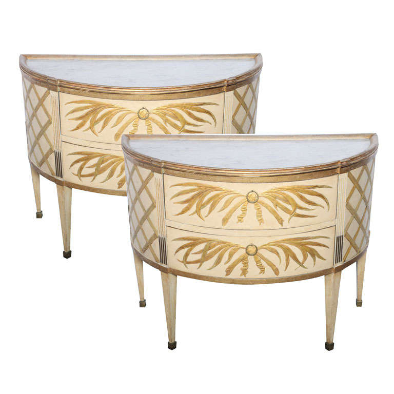 Important Pair of Painted and Gilt Demilune Commodes