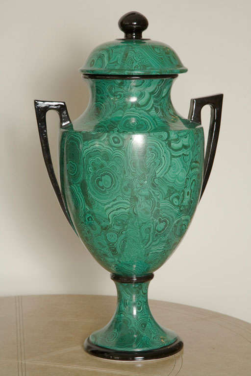 Pair of Italian Faux Malachite Lidded Urns