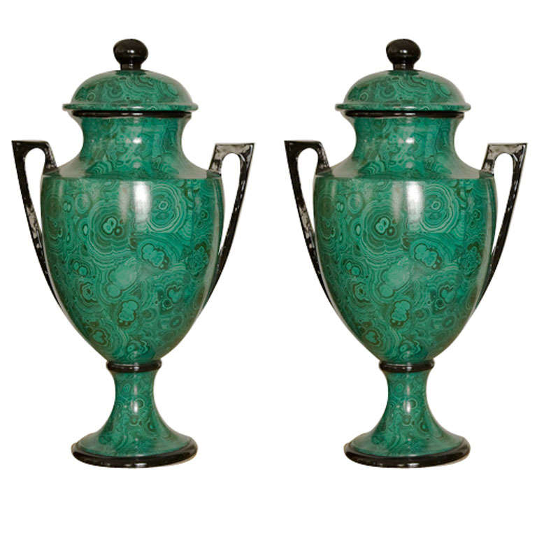 Pair of Italian Faux Malachite Lidded Urns