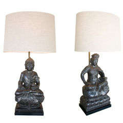 Pair of Monumental Carved Marble Buddha Lamps.