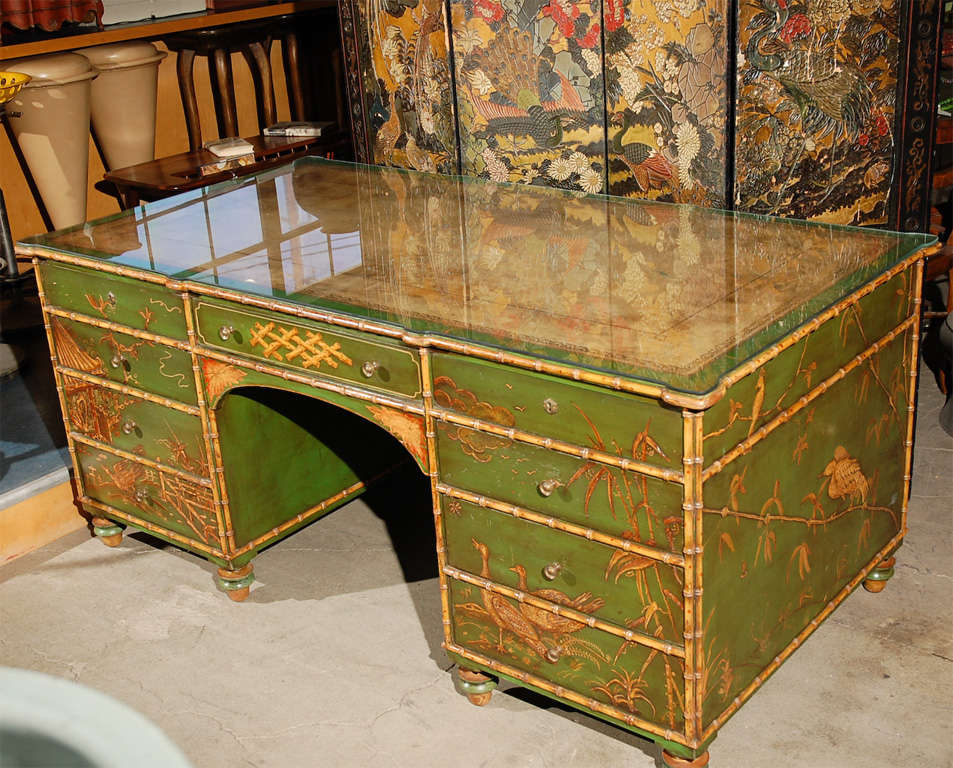 Freddie Fields English Lacquered faux bamboo Chinoiserie large desk