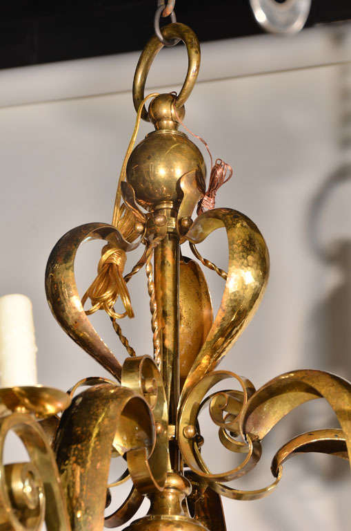 Polished French Brass Chandelier, 1940s For Sale