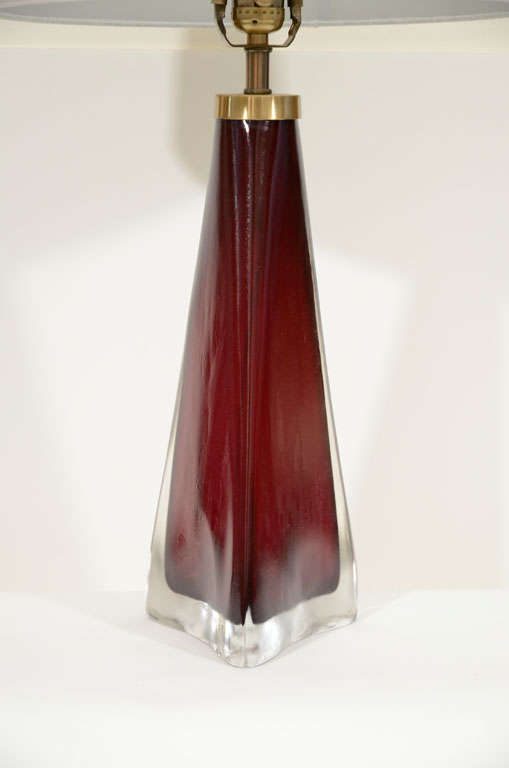 Pair of Large Claret Triangular Glass Lamps by Carl Fagerlund 3