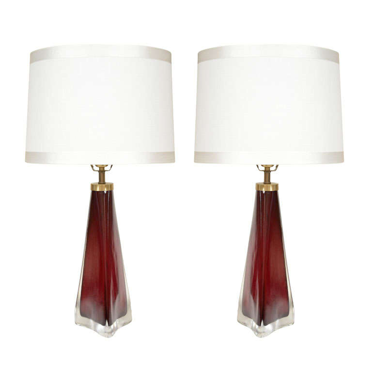 Pair of Large Claret Triangular Glass Lamps by Carl Fagerlund