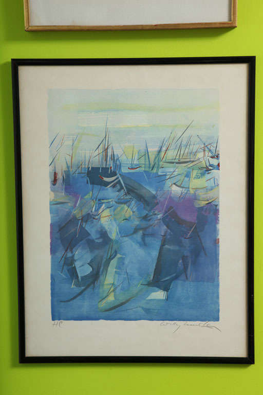 Framed, abstract lithograph boat scent by Willy Mucha (1905 - 1995)