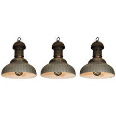 Brass and Patinated Metal Pendant Light with Ceramic Shade, Italy, 1920s