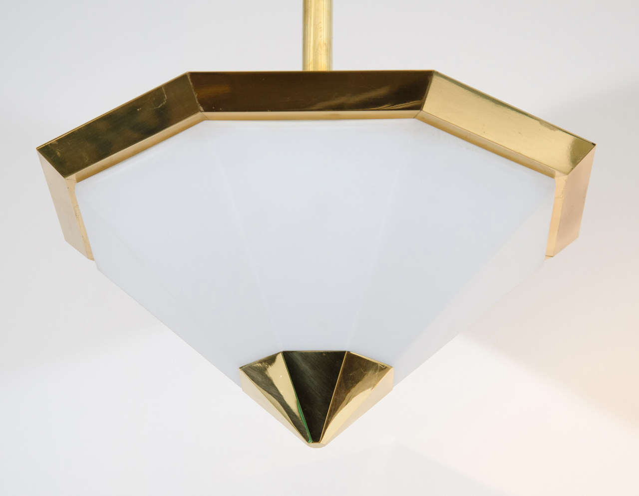 Pair of Octagonal Brass and Frosted Glass Pendant Light Fixtures