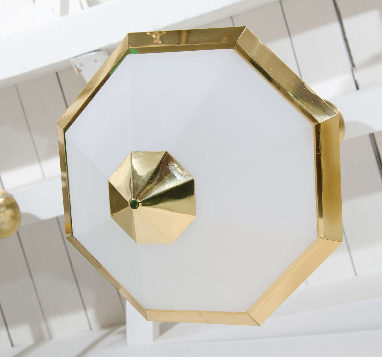 Pair of Octagonal Brass and Frosted Glass Pendant Light Fixtures