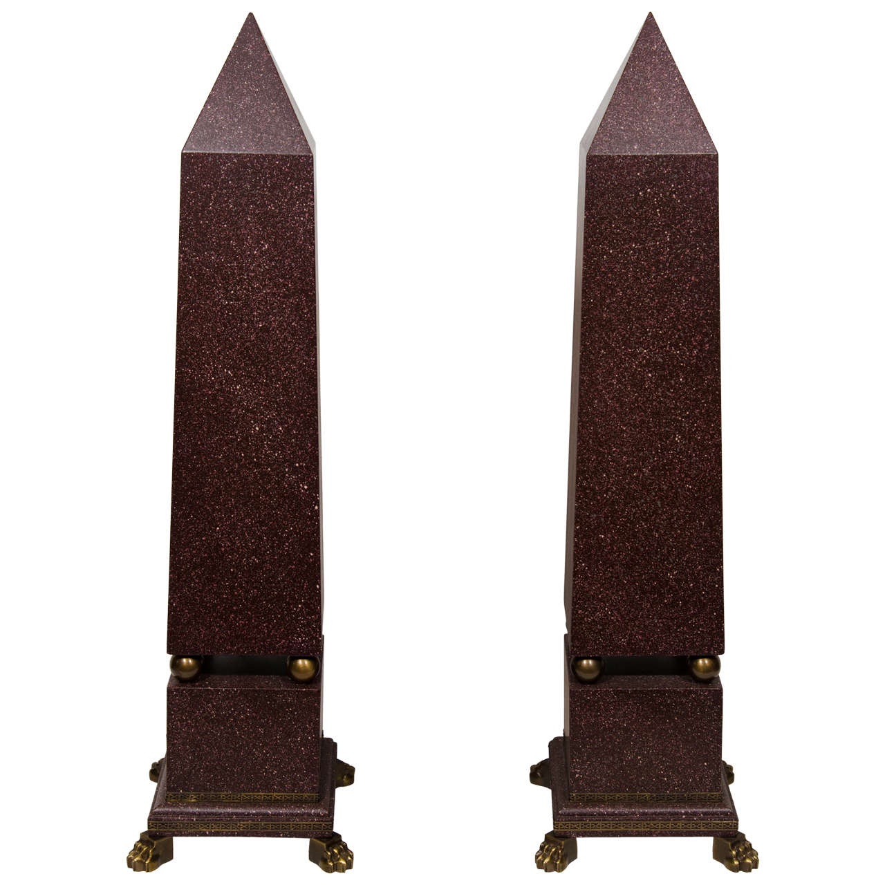 Pair of Large Grand Tour Style Faux Porphyry and Gilt Bronze Obelisks