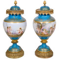 Pair of 19th Century Sevres Style Porcelain Gilt Bronze Mounted Covered Vases